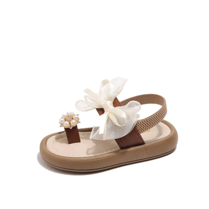 Summer Girl's Sandals Clip-toe Bowknot Elastic Band Soft Sole Kids Sliders Beautiful Pu Leather Chunky Morden Children Shoes