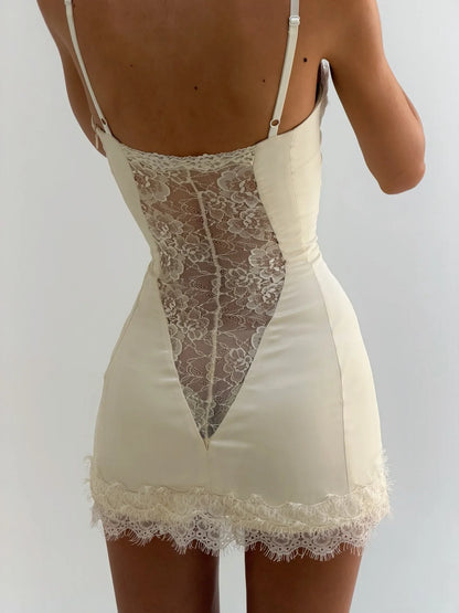 New slimming belted lace halter dress French style sexy short figure-hugging summer dress satin fishbone detailing Y2K Daily