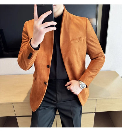High Quality Cowhide Suede Suit Coats Men Fashion Slim Fit Stand Up Collar Business Casual Jacket Formal Groom Social Tuxedos