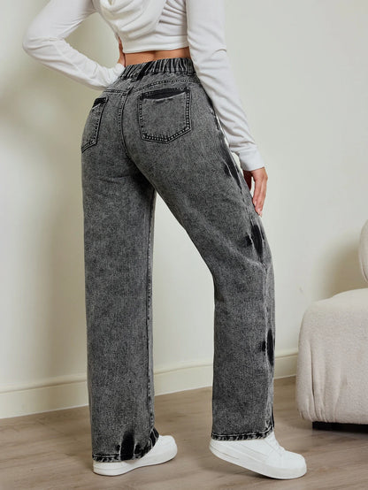 2025 autumn new women's jeans, tie-dye contrast washing, elastic waist, high waist straight jeans