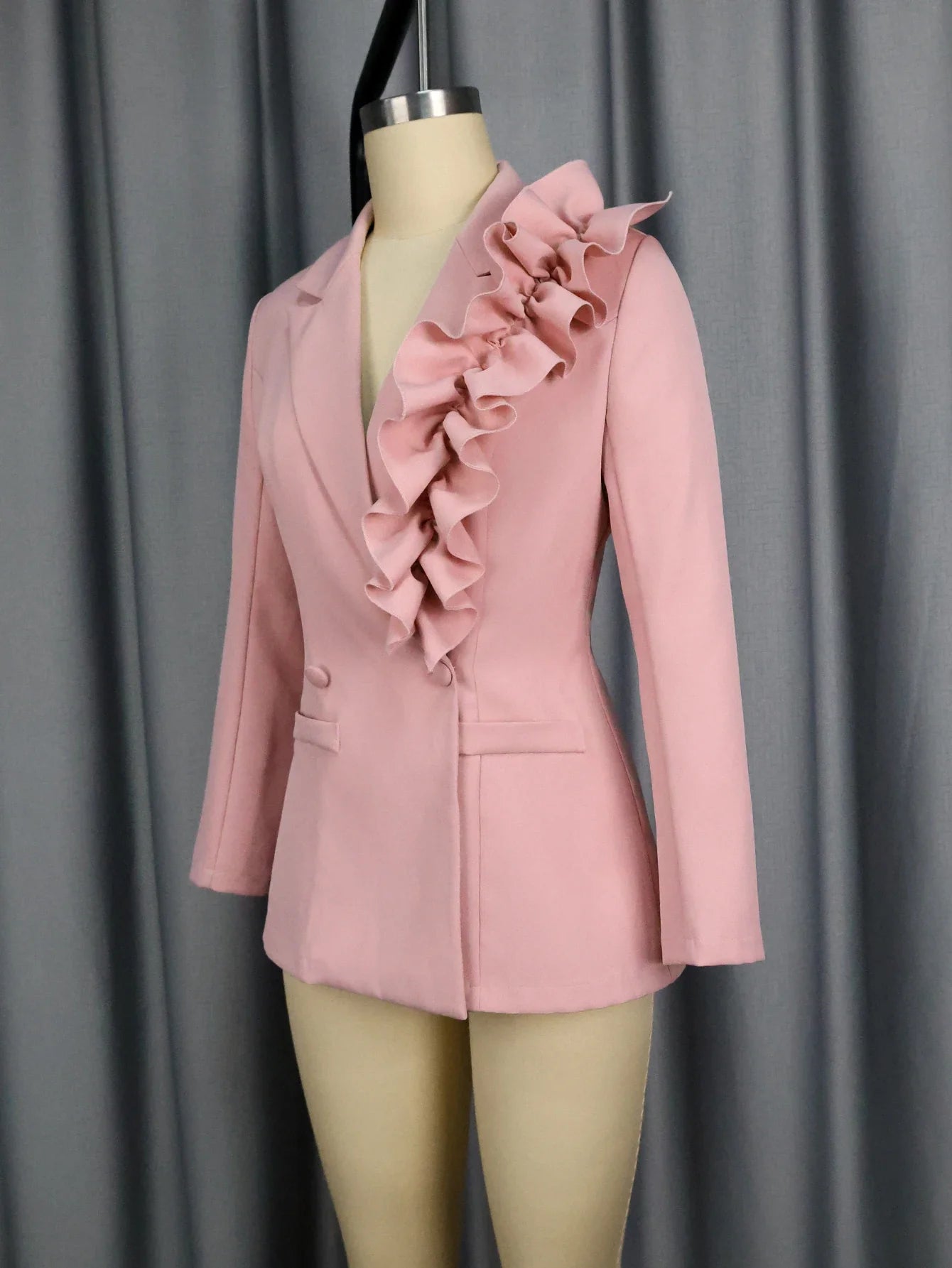 Women Ruffle Suit Blazer Jacket Long Sleeve Pink Elegant Slim Fit Office Outfits Formal Business Wear Tops for Autumn Winter