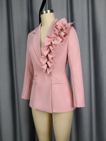Women Ruffle Suit Blazer Jacket Long Sleeve Pink Elegant Slim Fit Office Outfits Formal Business Wear Tops for Autumn Winter