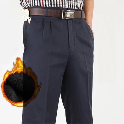 High Waist Double Pleated Warm Thick Fleece Winter Casual Pants Men Loose Straight  Cotton Office Trousers Plus Size 42 44 46