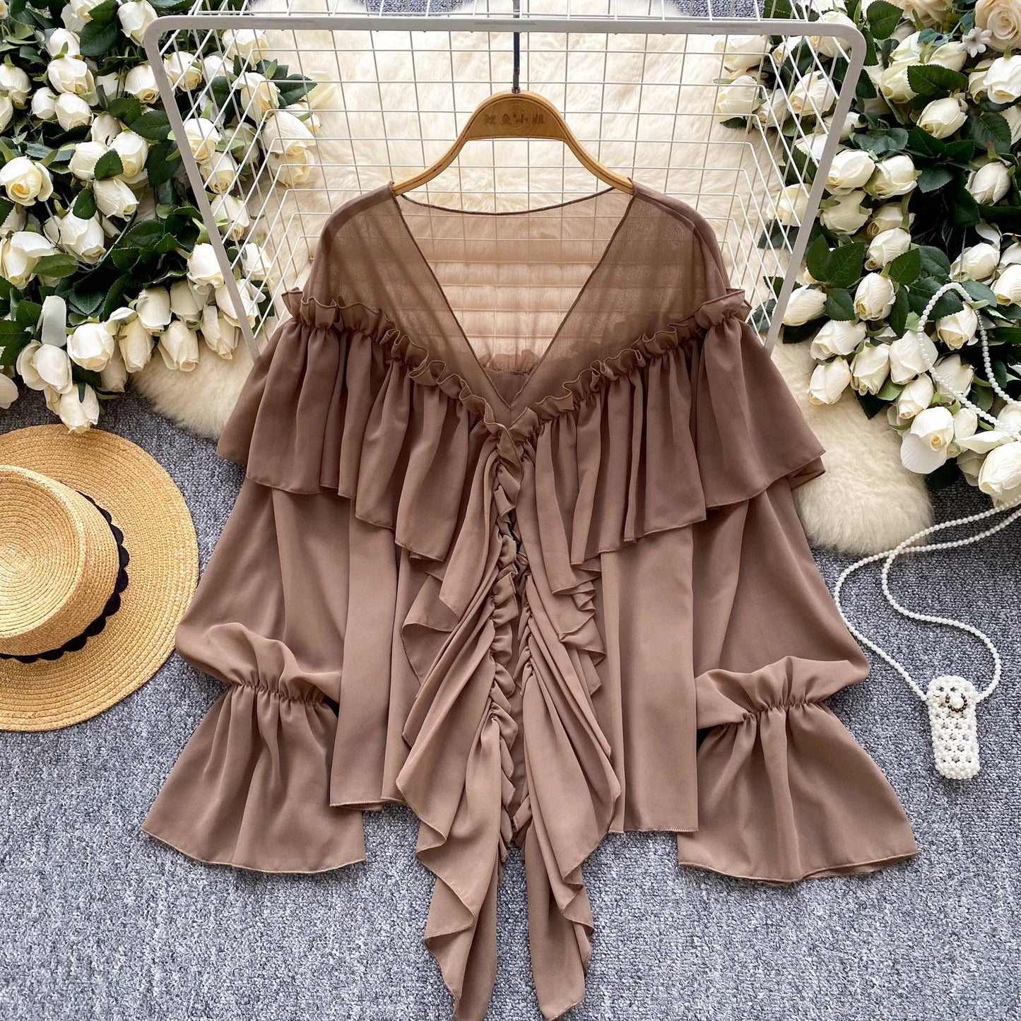 Chic Ruffles Splice Chiffon Blouse V Neck Flared Sleeve Loose Tops 2025 Fashion Solid Fairycore Vacation Women Shirt
