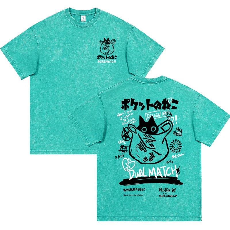 Men Women Cartoon T-Shirt Vintage Summer Harajuku Kawaii Cat Print Short Sleeve Tees Couple Streetwear Loose Clothes Cotton Tops