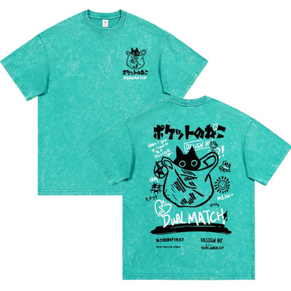 Men Women Cartoon T-Shirt Vintage Summer Harajuku Kawaii Cat Print Short Sleeve Tees Couple Streetwear Loose Clothes Cotton Tops