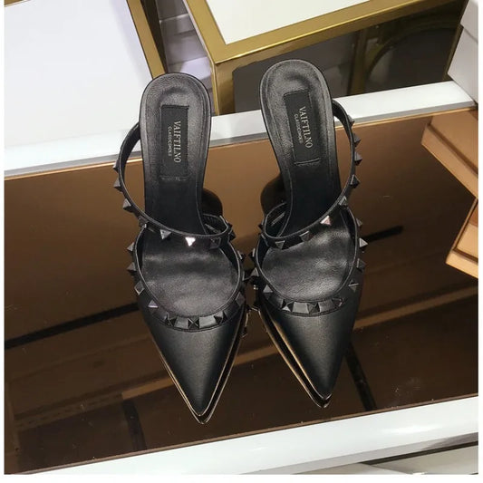 2025 New Genuine Leather Gladiator Pumps Sandals Luxury Metal Rivets Summer Women Outdoor Slippers Black Fashion High Heels 41