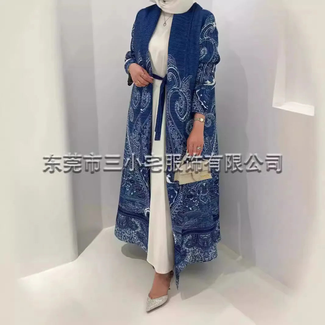 Women's Fold Miyake Pleated Abaya Long Sleeve Print Foldable Collar Robe Cardigan Coat New Winter Fashion Original Design 2026