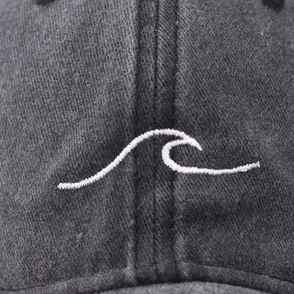Washed Cotton Wave Embroidered Baseball Cap Unisex Adjustable Dad Hat Casual Retro Style Cap for Men Women Daily Street Wear
