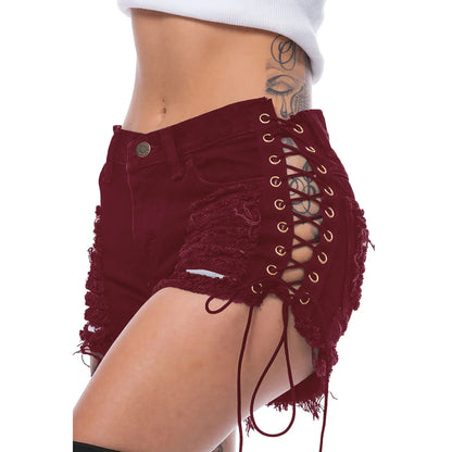 Sexy Ripped Tassel Jeans Streetwear High Waist Straight Denim Shorts 2025 Summer New Women Lace-Up Hole Hollow Out Jean Shorts