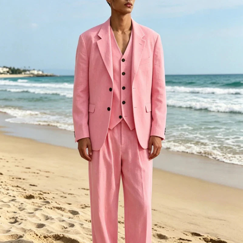 Men's Linen Suit Classic Notch Lapel 3 piece(Blazer+Vest+Pants)Breathable Wide Leg Trousers for Groom Spring Summer Party
