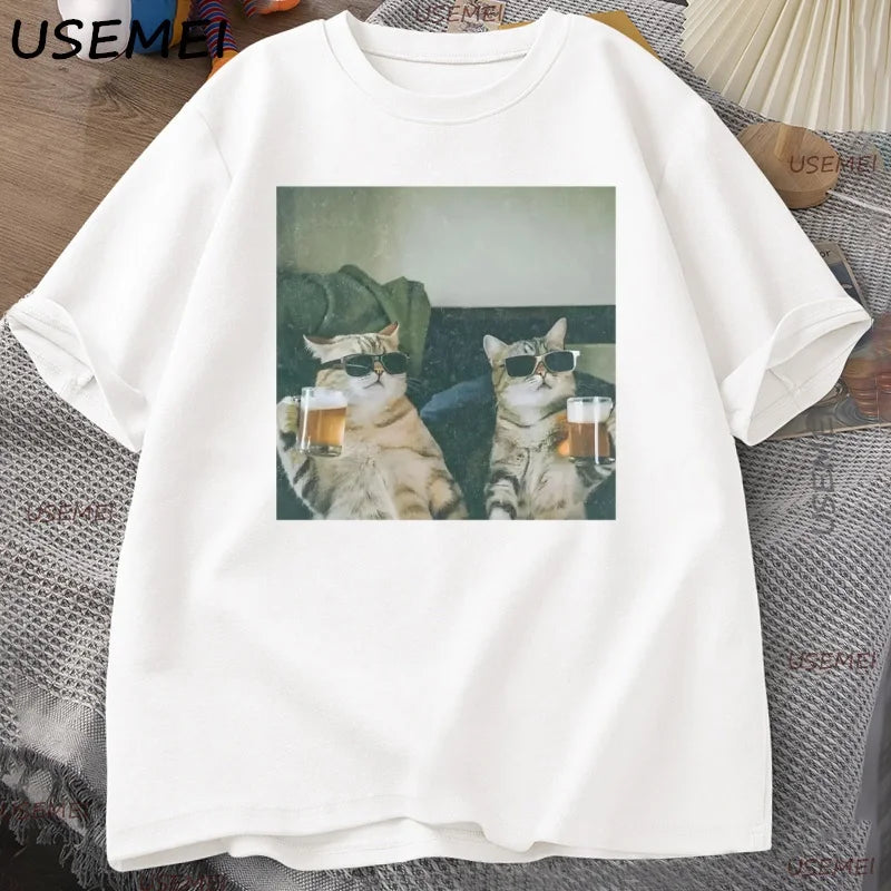 Funny Cool Cat Drinking Beer T-shirt Casual Cotton Short Sleeve T Shirt Man Clothes Harajuku Round Neck Men's Designer Tops