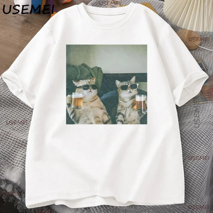 Funny Cool Cat Drinking Beer T-shirt Casual Cotton Short Sleeve T Shirt Man Clothes Harajuku Round Neck Men's Designer Tops