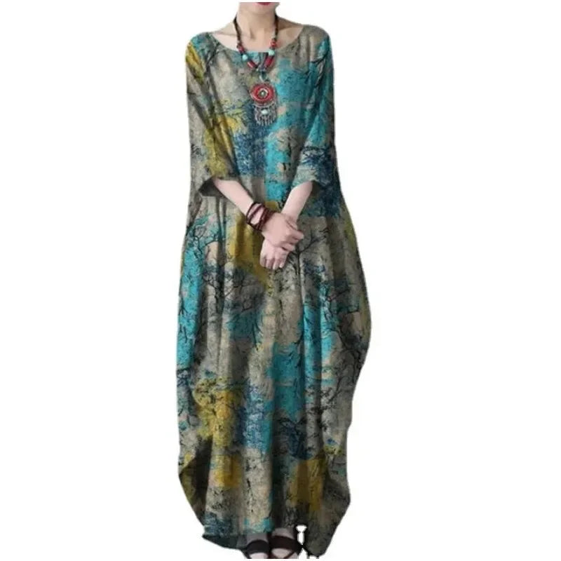 2022 New Loose Printed Cotton Linen Round Neck Long Sleeved Vintage Oversize Dress Women Boho Long Maxi Dress