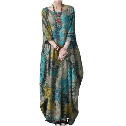 2022 New Loose Printed Cotton Linen Round Neck Long Sleeved Vintage Oversize Dress Women Boho Long Maxi Dress