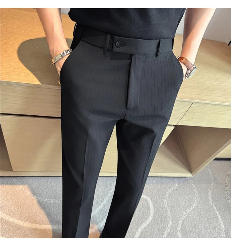 Autumn Winter Thick Suit Pants Men Elastic Waist Business Classic Straight Striped Formal Pants High Quality Slim Fit Trousers