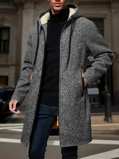 Men's Winter Warm Long Coat Zipper Jacket Zip Windbreaker Thick Fleece Windproof Overcoat Casual Contrast Color Hooded Jacket