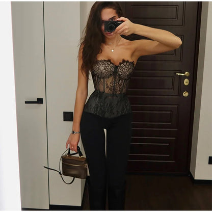 Sexy Women Sheer Lace Corset Top Bodycon Strapless Boned Bustier Sleeveless Back Lace-up Outfit 2026 New Fashion Party Clubwear