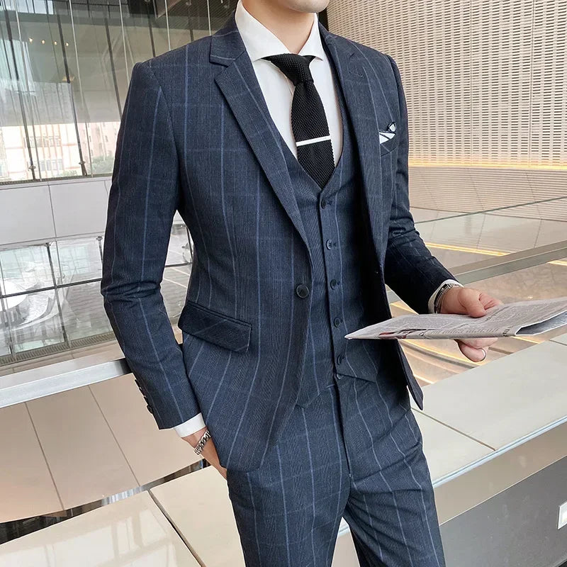 Blue Men Classic Striped/Checked Suits, Asian Size Slim Fit Business Office 3-Piece Sets, Black/Gray and Red Available.