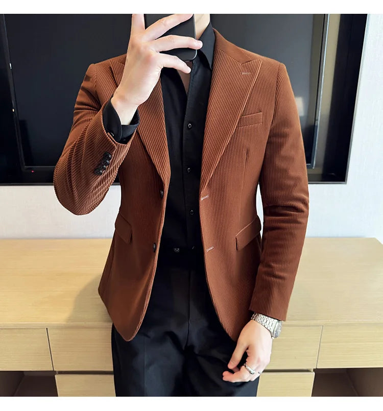 Stripe Suit Jacket For Men Autumn Winter Business Slim Fit Tailcoat Formal Wedding Party Fashion Casual Suit Coat 4XL-M