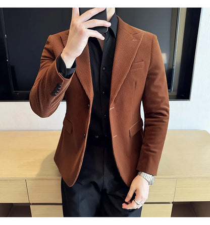 Stripe Suit Jacket For Men Autumn Winter Business Slim Fit Tailcoat Formal Wedding Party Fashion Casual Suit Coat 4XL-M