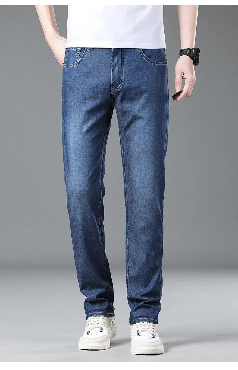 New Men's Thin Lyocell Jeans Soft Business Stretch Fashion Trousers Slim Brand Casual Elasticity Denim Pants Male Clothes