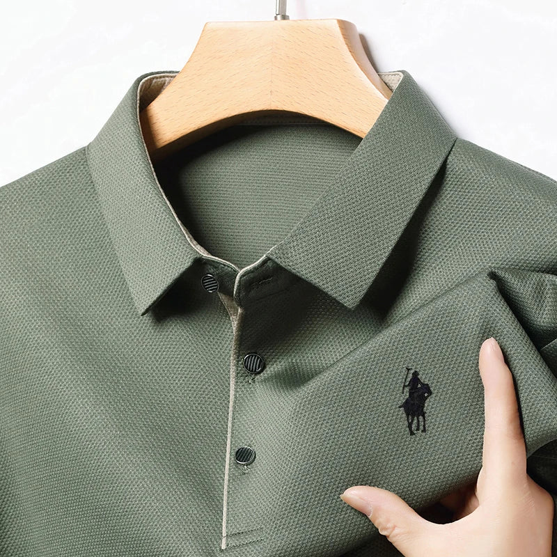 2025 Latest Autumn New Men's Long Sleeve Polo Shirt Middle Aged Business Comfortable Solid Color Men's Collar T-shirt