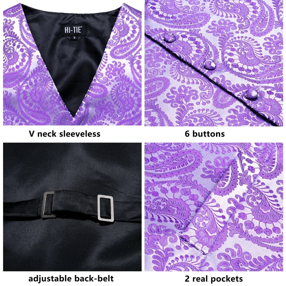 Purple Silk Mens Waistcoat Tie Set Sleeveless Jacket Suit Vest Necktie Hanky Cufflinks Wedding Business Oversized