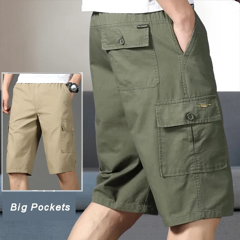Large Size Cargo Shorts Men's Casual Knee Pants Zipper Pocket Summer Cotton Shorts Running Jogger Shorts Elastic Waist
