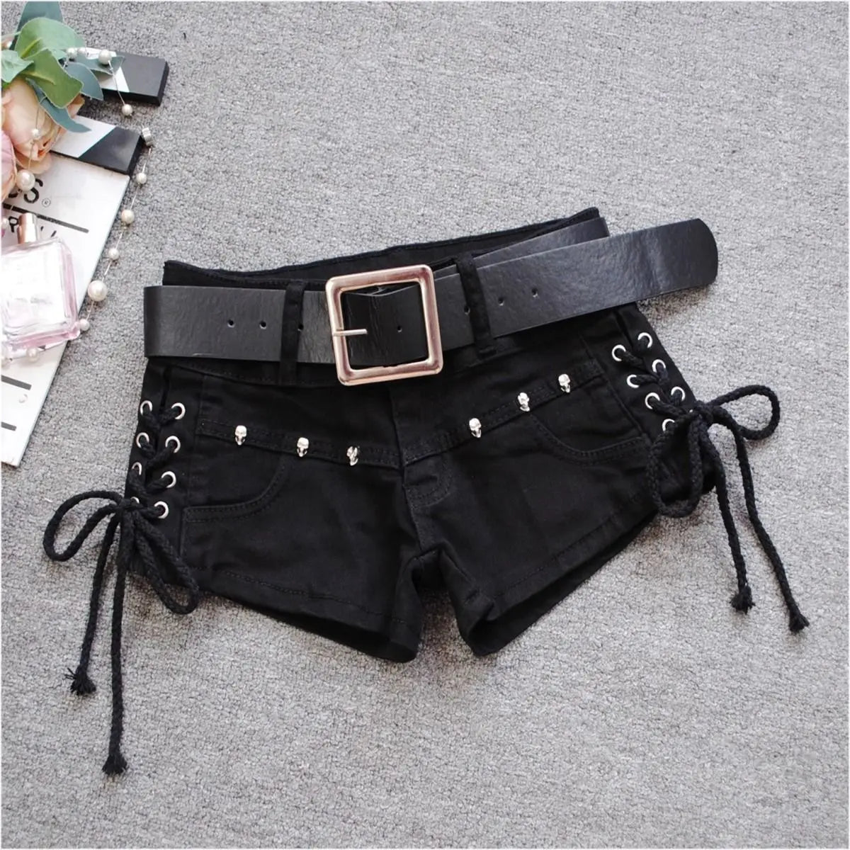 Korean Low Rise Denim Shorts 2024 - Riveted Lace Up Bodycon Black Hot Pants Vintage Cheeky Booty Summer TikTok Y2K Outfit