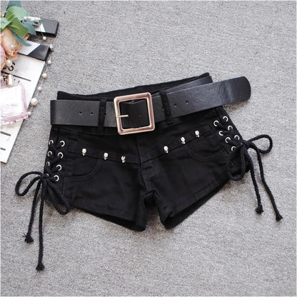 Korean Low Rise Denim Shorts 2024 - Riveted Lace Up Bodycon Black Hot Pants Vintage Cheeky Booty Summer TikTok Y2K Outfit