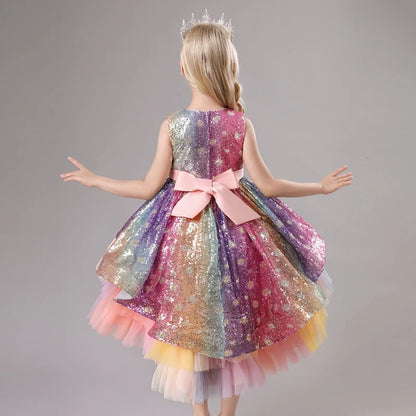 S002 Children's Dress Trailing Princess Spot Pink Girls' June 1 Performance Summer New 2023 Lace Color Matching Mesh