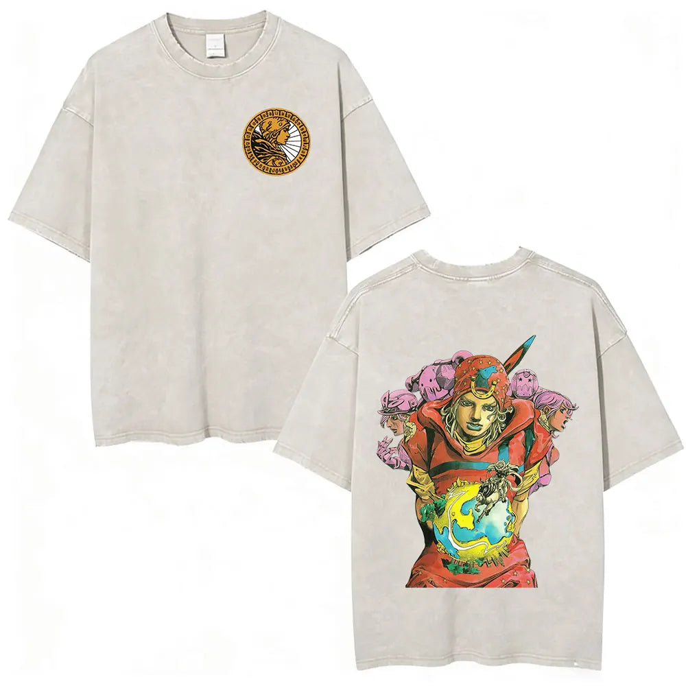 Anime Jojo Bizarre Adventure STEEL BALL RUN Manga Vintage Acid Washed T Shirt Men Women Casual Short Sleeves T-shirt Streetwear