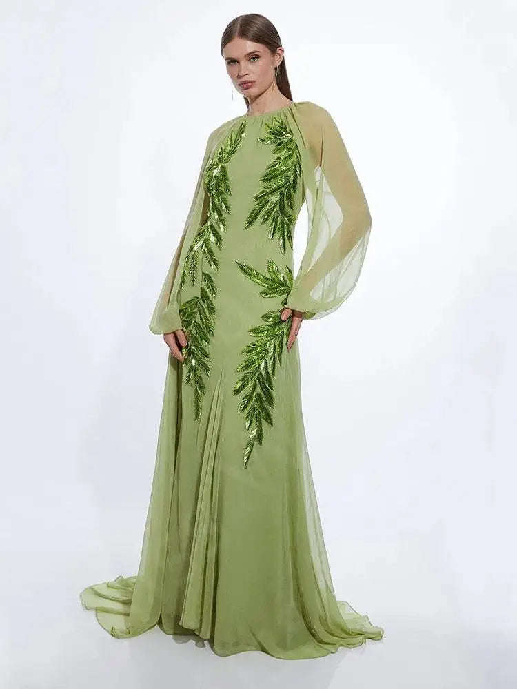 Customized Latest Sage Evening Dresses 2025 Arabic Round Neck Prom Party Gowns Puffy Long Sleeves Wedding Guest Dresses Feathers