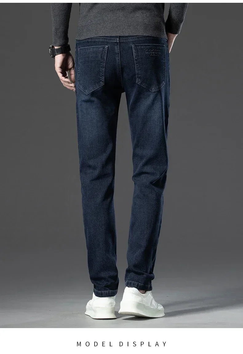 Men's Thicken Fleece Straight Jeans Winter Business Casual Stretch Denim Pants Warm Plush Brand Trousers Pans Male Classic
