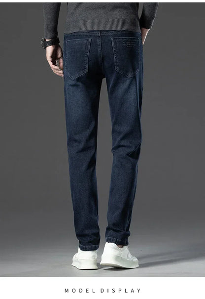 Men's Thicken Fleece Straight Jeans Winter Business Casual Stretch Denim Pants Warm Plush Brand Trousers Pans Male Classic