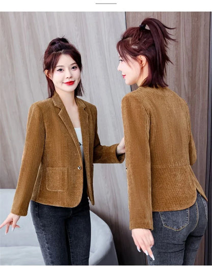 New Casual Suit Jackets Spring Autumn Slim Women‘s Blazer One Button Notched Collar Solid Coat Female Short Jacket Bkack Outwear