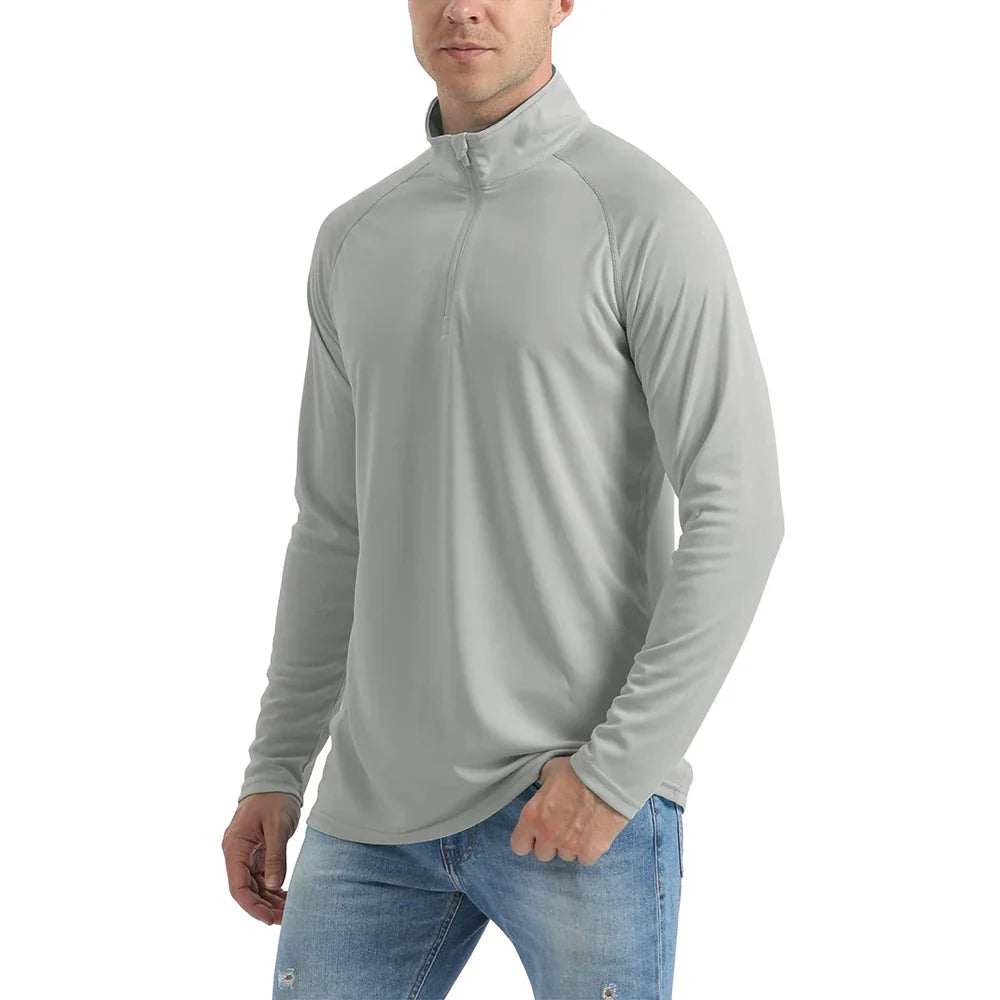 UPF 50+ Quick Dry T-Shirts Mens Long Sleeve UV Protection Shirt 1/4 Zip Running Tee Hiking Fishing Lightweight T Tops