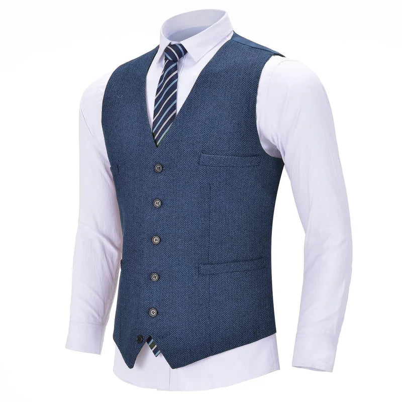 Men Vest Red Solid V Neck Herringbone Waistcoat For Wedding Business Birthday Banquet Work Set Men Suit Vest