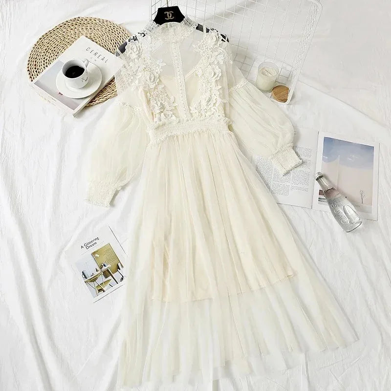 Lace Flower Mesh Summer Dress Women Lantern Sleeve White Casual Dresses Female Party Vintage Slim Women Dress 2 Piece Sets 12041