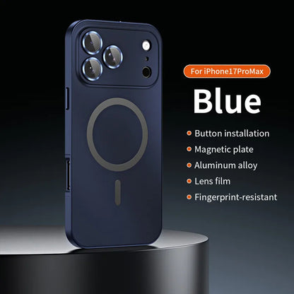For iPhone Air, 17 Pro Max Magnetic Case ELVEV Anti-fingerprint Alloy Snap Buckle Phone Cover with Alloy Lens Ring Film