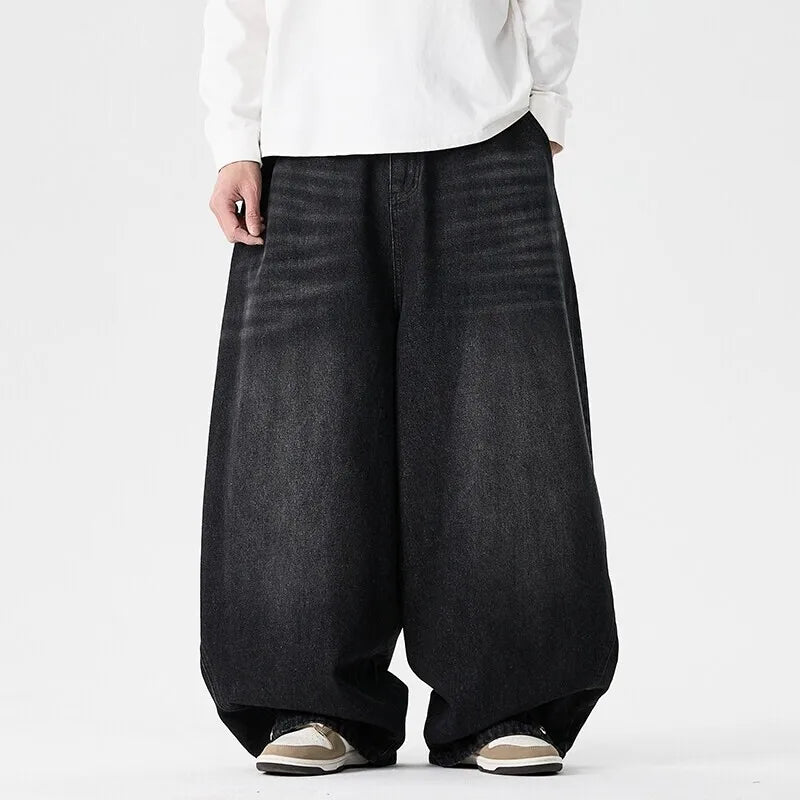 Fashion Denim Wide Leg Pants Men Loose Hip Hop Casual Jeans Streetwear Fashion Elastic Waist Casual Denim Trousers Plus Size 5XL