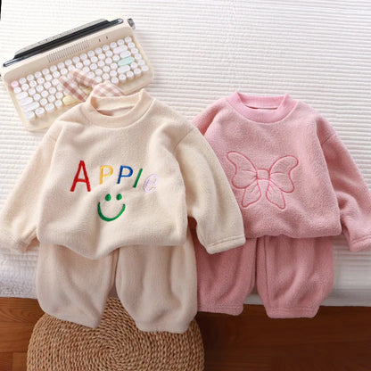 Winter Warm Kids Loungewear Suit Baby and Girls Boys Loose Embroidery Full Fleece Coat Tops+Pant Set Child 2PCS Homewear 1-8 Yrs