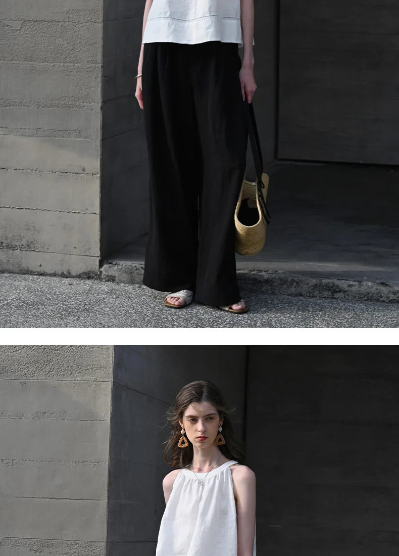 100% Linen Halter Tops Women 2026 Summer New Round Neck Sleeveless Tank Top French Office Ladies Loose Camisoles