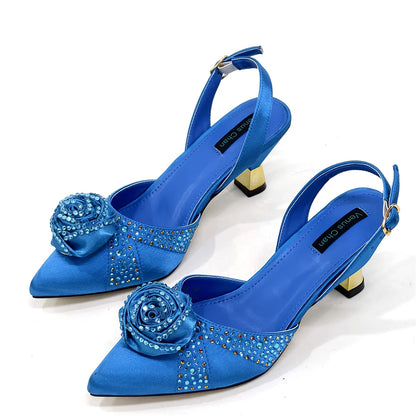 Sparkling Rhinestone Rose Pumps With Medium Heel for Nigerian Women's Party, Pointed Toe Shoes and Matching Bags