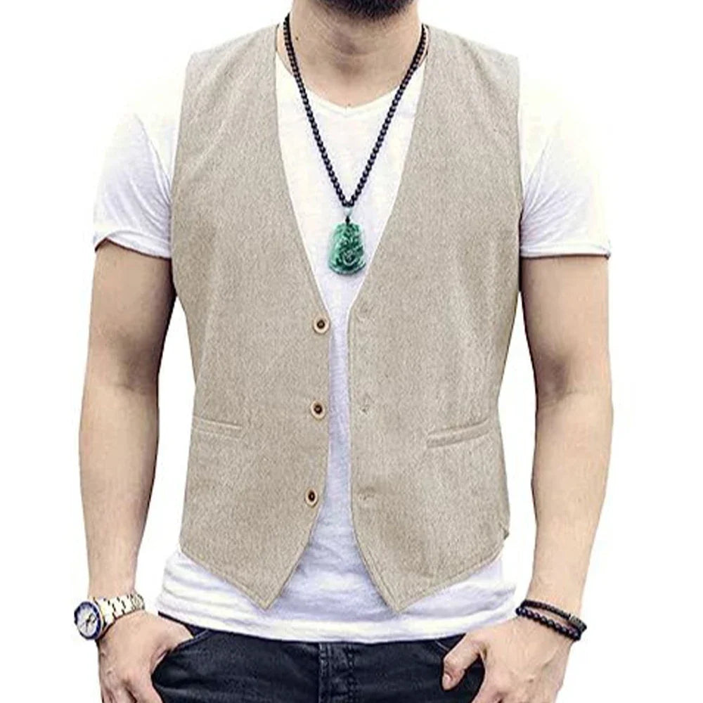 Large Men's Suit Vest  Spring And Summer Linen Cotton Slim Fit Waistcoats Lightweight And Breathable Single Breasted Casual Vest