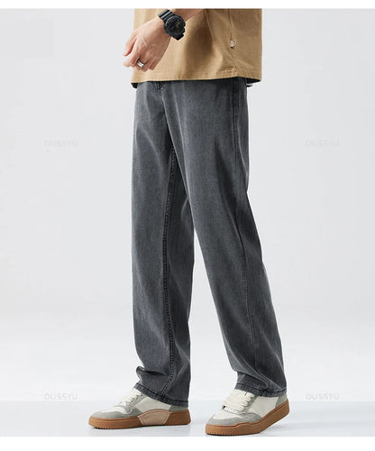 New Summer Thin Soft Lyocell Fabric Men's Jeans Classic Straight Denim Pants Work Wide Leg Casual Trousers Male Big Size 40 42