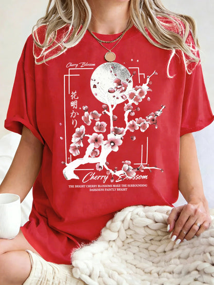 Japanese Cherry Blossom Design Women'S T-Shirt Loose Cotton T Shirts Crewneck Trendy Short Sleeve Y2K Summer Casual Streetwear