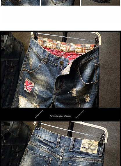 New in Ripped Shorts Men's Summer Fashion Hip Hop Vintage Short Jeans Slim High Street Hole Knee Long Pants Male