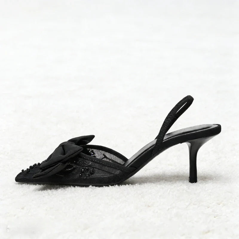 Black Mesh Beaded Decoration Heeled Sandals Women Sexy Pointed Toe Slingbacks Thin High Heels Elegant Bow Designer Women Pumps